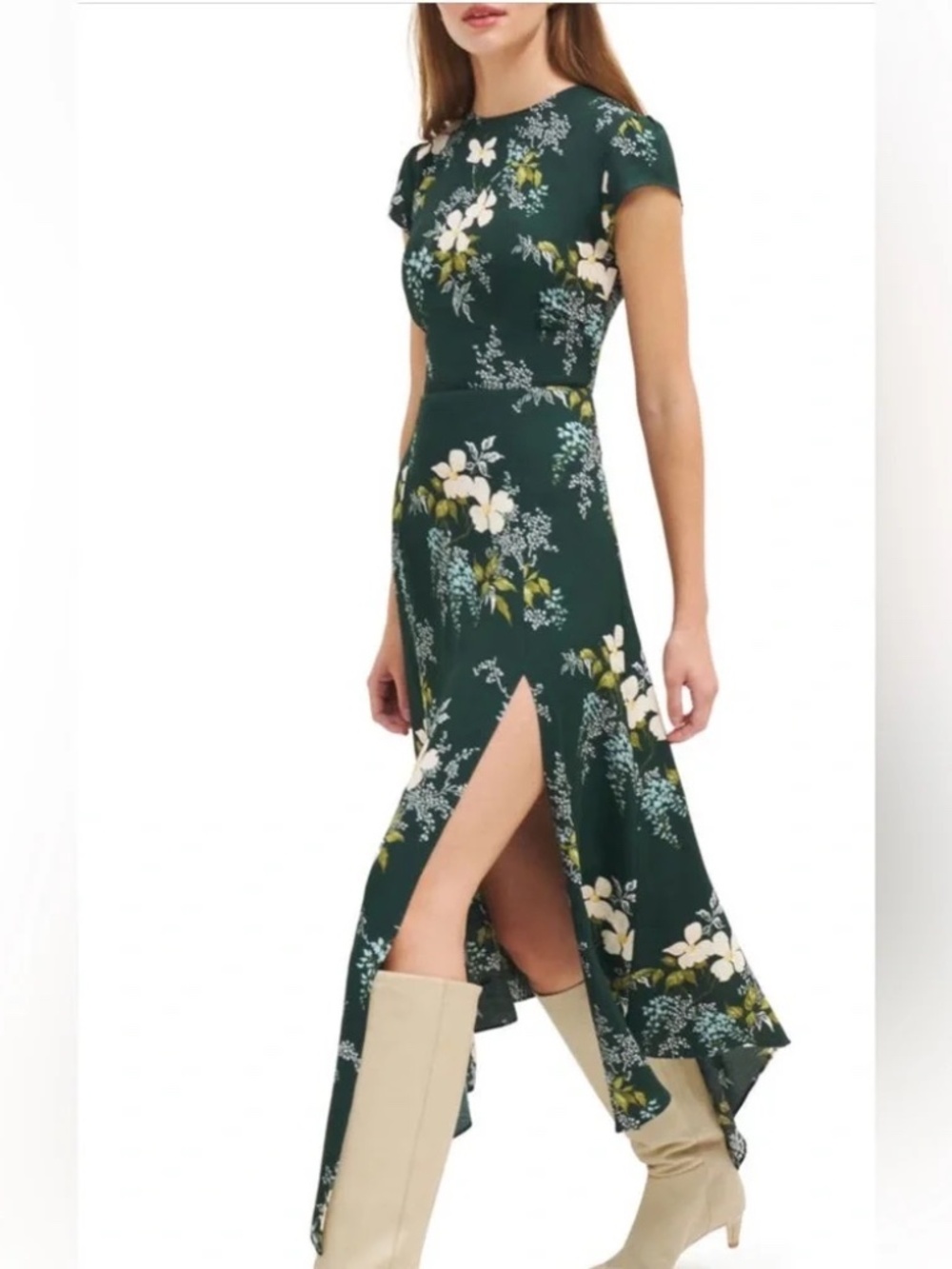 Reformation Green Portia Floral Short Sleeve Sanvi Midi Dress - Size US 6